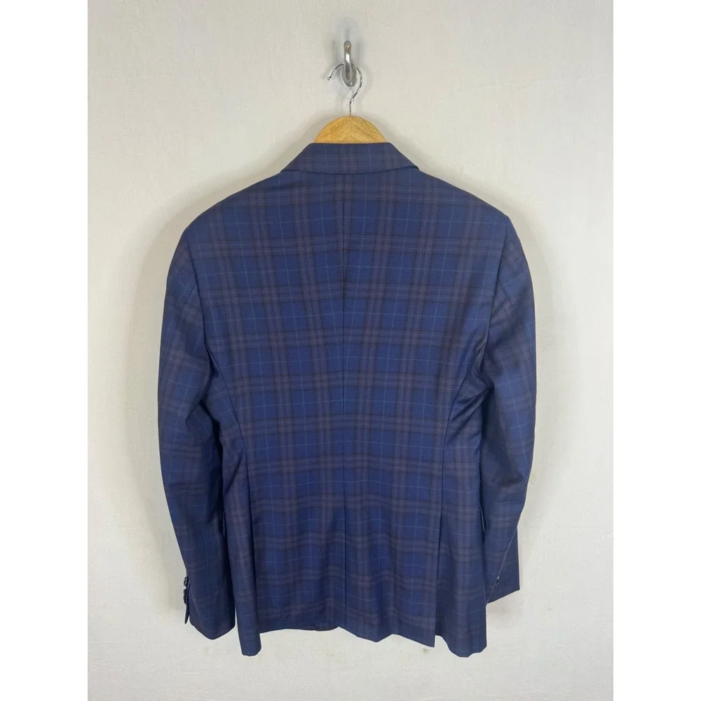 Indochino Mens 36 Navy Blue Plaid 100% Wool Peak 2-Button Blazer Suit Jacket